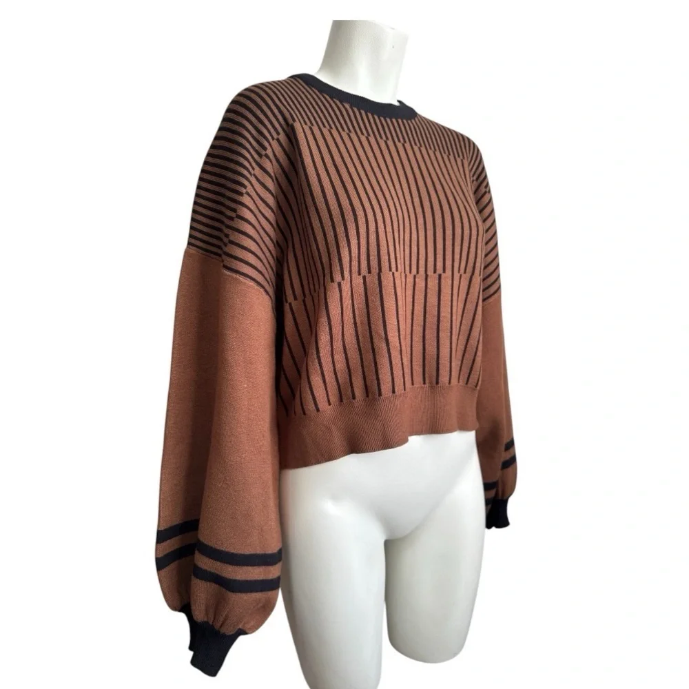 PHILOSOPHY boxy cropped striped crew neck sweater - brown & black - women medium